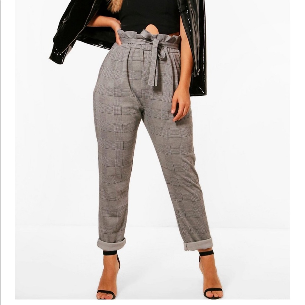 Check paper bag tapered pants